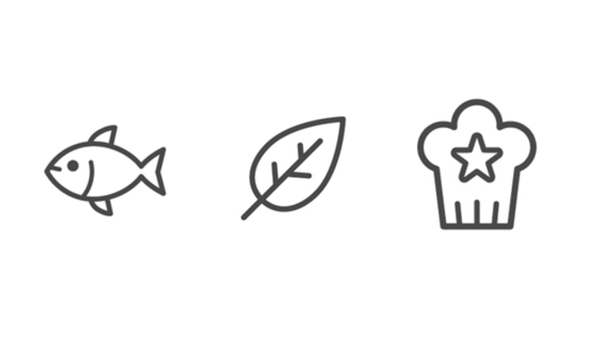 Drei Icons: Fisch, Blatt, Kochmütze