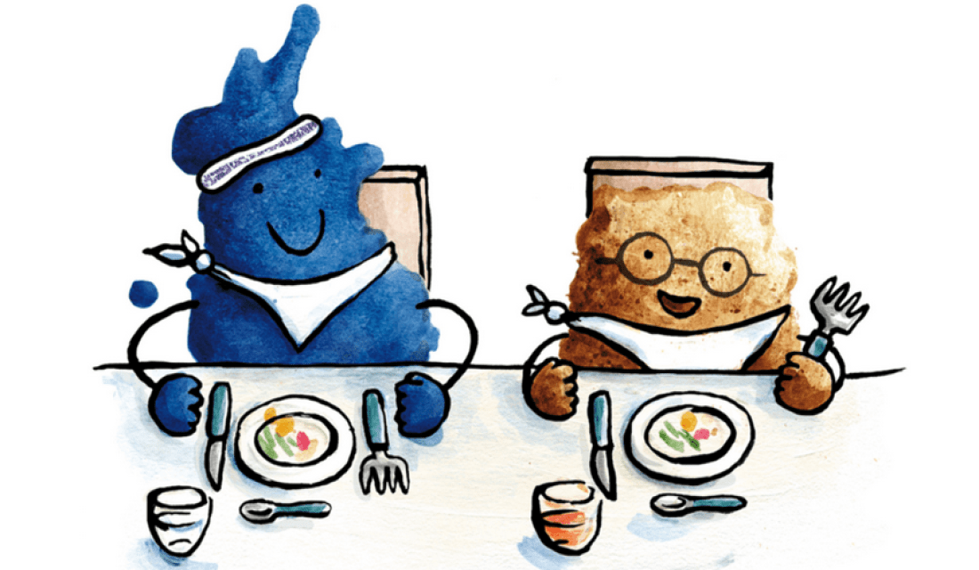 Krümel und Klecksi sitzen am Tisch mit Besteck und Geschirr.