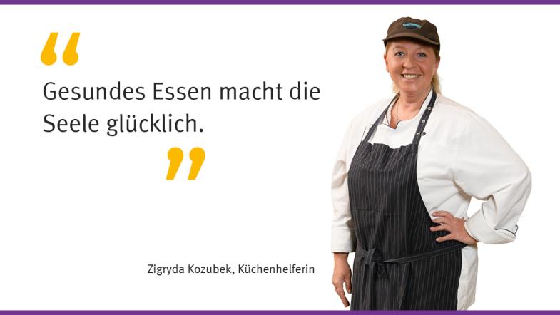 Eine Mitarbeiterin und ihr Zitat "Gesundes Essen macht die Seele glücklich"